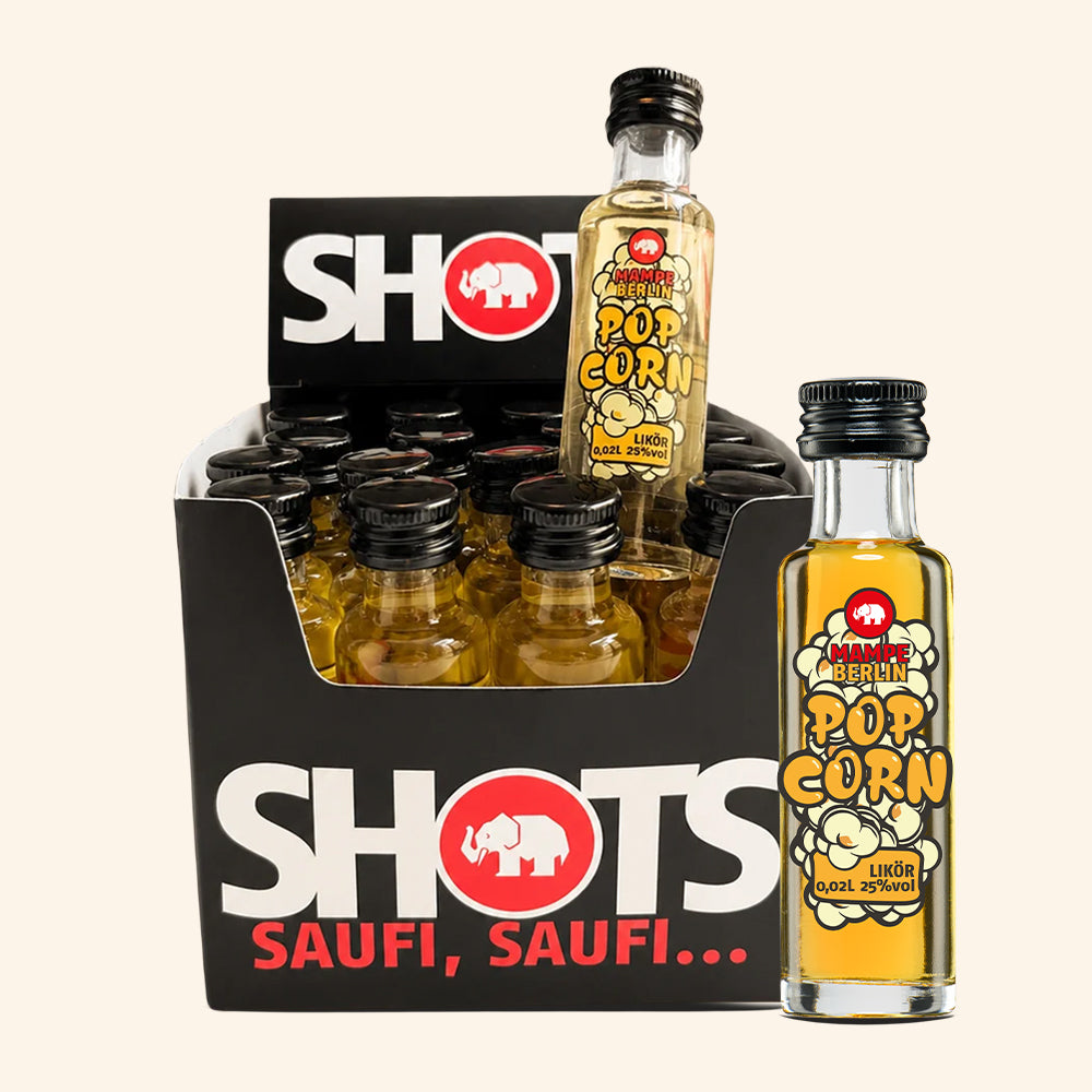 Mampe Popcorn Liqueur Minis (25% ABV) – 0.02L Jug Bottles – Pack of 16 (Cube)