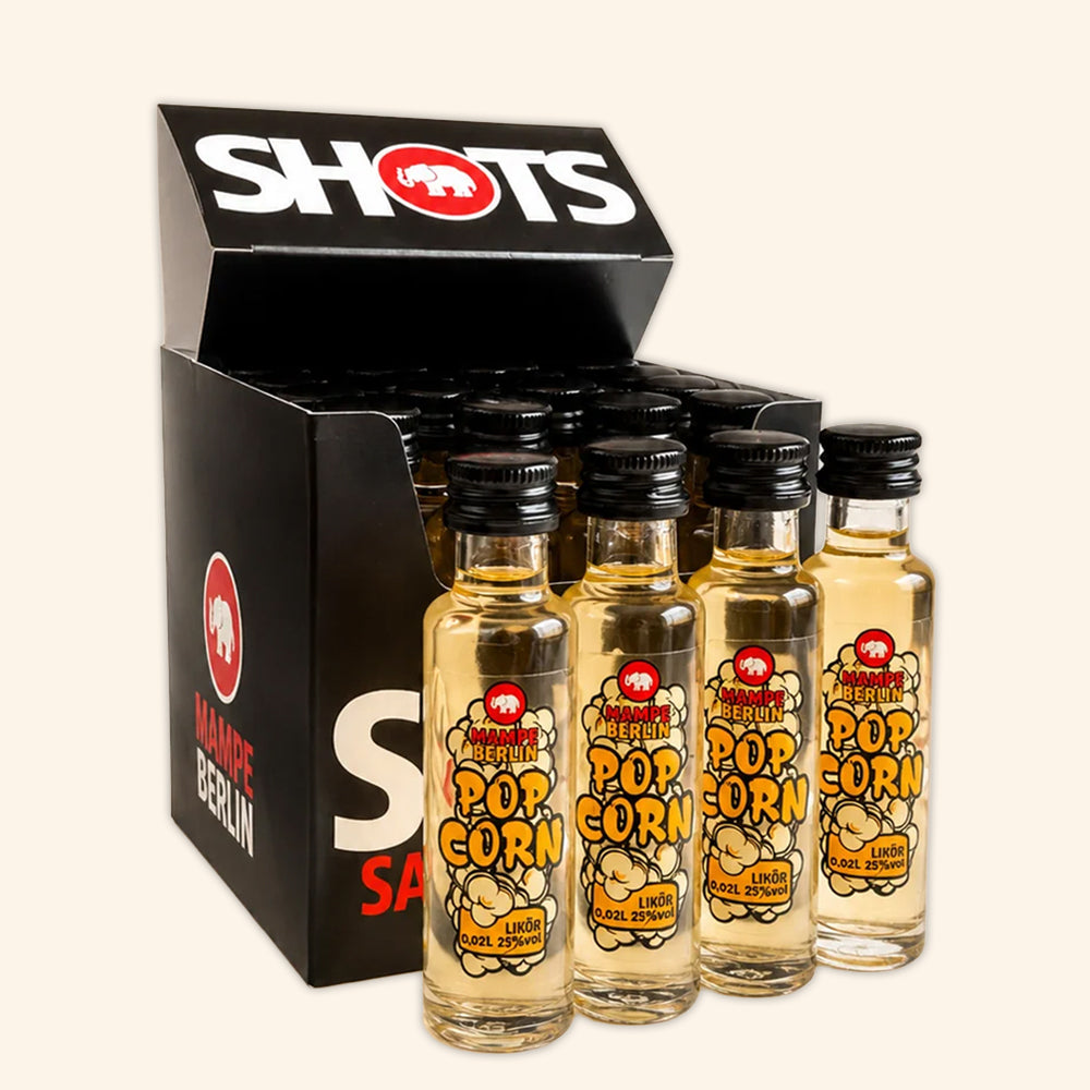 Mampe Popcorn Liqueur Minis (25% ABV) – 0.02L Jug Bottles – Pack of 16 (Cube)